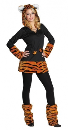 Tiger Kapuzenkleid Wildkatze Raubkatze Damenkostm Minikleid Fastnacht